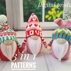 Crochet gnome patterns PDF set - 3 gnomes, holiday gnome, easter decor, valentines gnome, christmas gnome