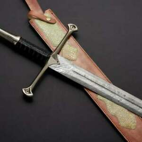 Custom handmade hand forged damascus steel narsl sword with black leather handle near me in idaho.jpg