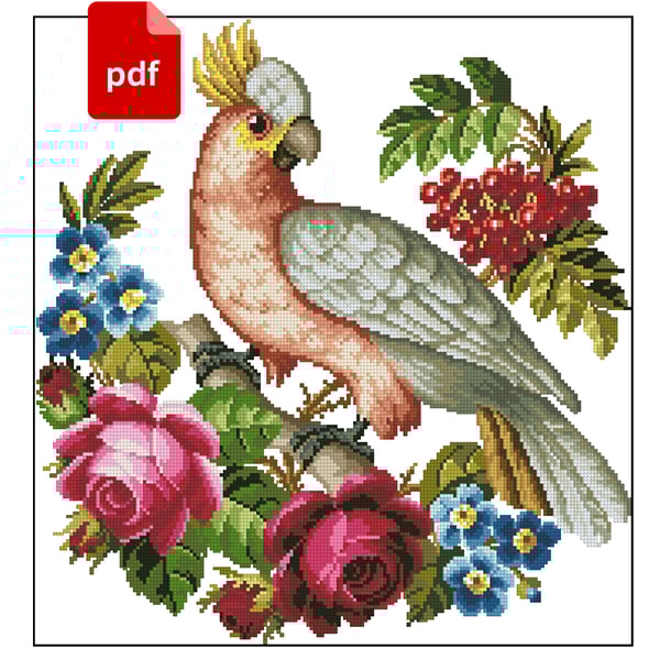 Antique Bird Parrot On A Branch In Roses Cross Stitch Pattern Chart Scheme Digital Download Pdf 3