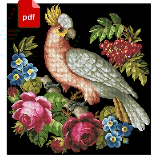Antique Bird Parrot On A Branch In Roses Cross Stitch Pattern Chart Scheme Digital Download Pdf 0