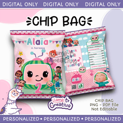 Add personalized Girl Cocomelon Chip Bag, not editable
