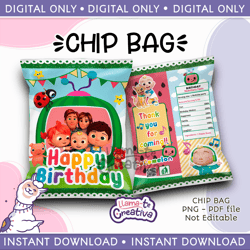 Cocomelon Chip Bag, Printable Birthday party, Instant Download, Chip bag Digital printable, not editable