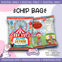 Add personalization Chip Bag, Circus / Carnival Printable Birthday party, Circus / Carnival Chip bag Digital printable,