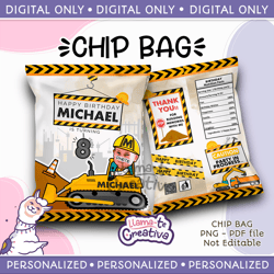 Add personalization Boy's Construction Chip Bag, Construction Truck Chip bag Digital printable, not editable