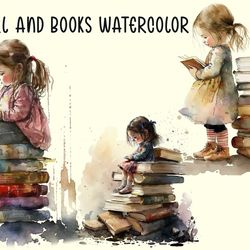tiny girl and books watercolor
