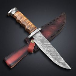 HAND FORGER KNIFE CUSTOM HANDMADE DAMASCU STEEL BOWIE HUNTING KNIFE WITH LEATHER SHEATH HANDMADE KNIFE GIFT MK3839M
