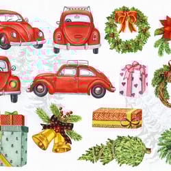 watercolor christmas red car png bundle, christmas wreath png