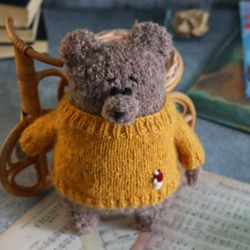 Handmade teddy bear, Wool crochet bear, Plush teddy bear, Collectable Teddy Bear