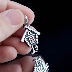 Hut on chicken legs sterling silver pendant, Baba Yaga House