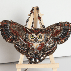 Necklace pendant Flying owl beaded embroidered