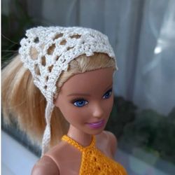 doll clothes - bandana for doll, cream retro bandana head scarf for doll 12 inch, tiny crochet bandana 1/6 doll clothes