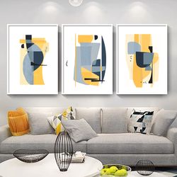 Modern Abstract Painting, Abstract Printable Art, 3 Piece Artwork, Yellow And Blue Wall Art, Large Print, Set 3 Poster