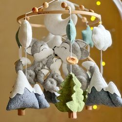 wolf mobile woodland mobile felt boy mobile cot mountains mobile crib nursery decor