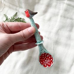 Decorative ceramic Robin bird and fly agaric spoon Cottagecore decor Bird lover gift Witchy home kitchen decor