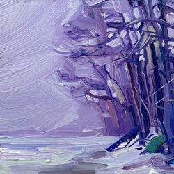 Snowy shore.  Winter series. Original oil painting,