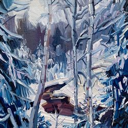 River in a snowy forest No.3.  Winter series. Original oil painting,