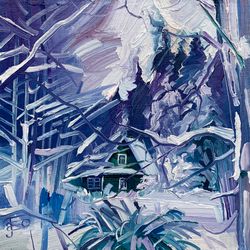 Cabin in a snowy forest.  Winter series. Original oil painting,