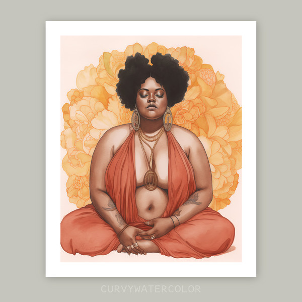 Beautiful black curvy woman meditating, watercolor art, prin - Inspire  Uplift
