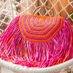 CROCHET PATTERN raffia bag, step by step video tutorial, fringe bag pattern, DIY crochet bag, summer bag pattern