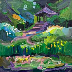 gazebo in a garden.  summer series. original oil painting,