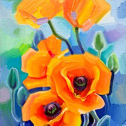 Orange poppies.  Summer series. Original oil painting,
