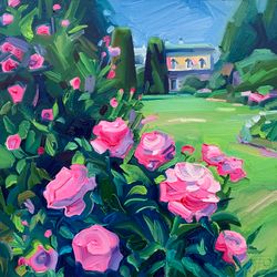Blooming garden No.2.  Regular garden in a park in front of a palace. Summer series. Original oil painting,