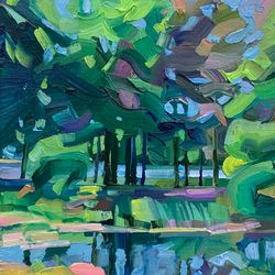 trees and lake. summer series. original oil painting,