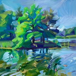 Trees and lake No.2. Summer series. Original oil painting,