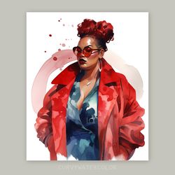 curvy and stylish, beautiful black curvy woman, watercolor art, printable art, african woman art, plus size art, digital