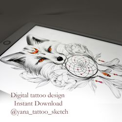 Fox Tattoo Design for Woman Fox Tattoo Sketch for Females Fox Dream Catcher Tattoo Design, Instant download PNG and JPG