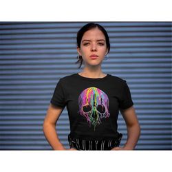 women's rainbow paint drip skull shirt, abstract psychedelic graphic t-shirt, art, halloween shirt, rave shirt, clubs