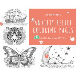 Anxiety Relief coloring Page for Adults, 24 printable pages of anxiety and anti-stress coloring book, set 1