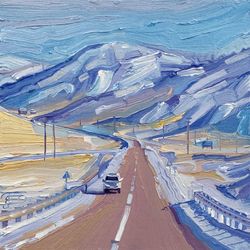 Road in a snowy hills. Lake Baikal, Olkhon island. Winter series. Original oil painting,