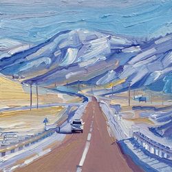 road in a snowy hills. lake baikal, olkhon island. winter series. original oil painting,