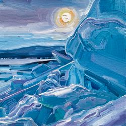 frozen noon. lake baikal, olkhon island. winter series. original oil painting,