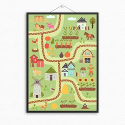 Children poster farm map animal village