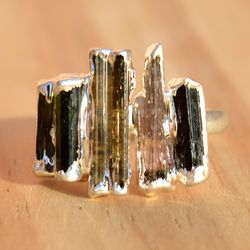Raw Tourmaline Crystal Quartz Ring For Women Gift, Rough Gemstone Electroforme Electroplated Brass Jewelry, Gift For Her