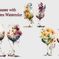 wine glasses with flowers watercolor