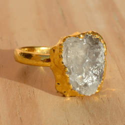 Raw White Topaz Stone Electroforme Ring For Women, Organic Rough Crystal Electroplated Brass & Cooper Handmade Jewelry