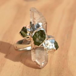 Raw Crystal Quartz And Peridot Ring For Women, Cooper & Brass Electroformed Electroplated Handmade Jewelry, Gift For Her