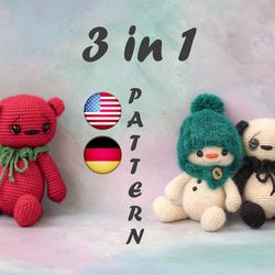 amigurumi crochet pattern panda snowman bear - crochet animals - amigurumi pdf tutorial 3 in 1 | tomato