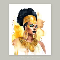 beautiful black curvy woman cleopatra, queen of egypt, watercolor art, printable, african woman art, yellow wall art.