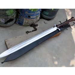 30 inch d2 steel handmade hunting sword with leather sheath