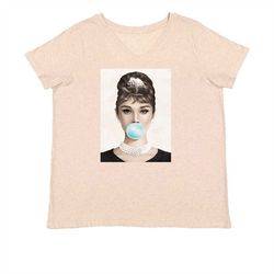 audrey hepburn chewing bubble gum womens plus size v-neck t-shirt