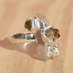 Raw Crystal Quartz & Citrine Chunky Ring For Women, Raw Gemstone Cooper & Brass Electroformed Electroplated Jewelry