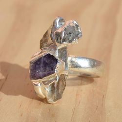 Raw Crystal Quartz & Amethyst Ring For Women, Cooper & Brass Electroformed Electroplated Handmade Jewelry