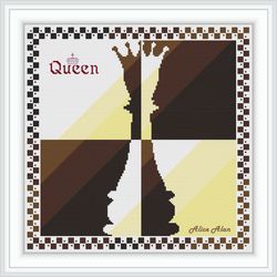 Cross stitch pattern panel Chess piece Queen silhouette sport monochrome brown blue red counted crossstitch patterns PDF