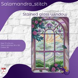 Stained glass window, cross stitch, flowers