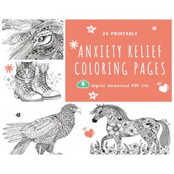 Anxiety Relief coloring Page for Adults, 24 printable pages of anxiety and anti-stress coloring book, set 2