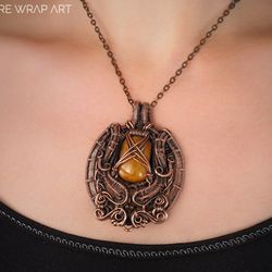 Natural yellow tiger eye pendant  Wire wrapped necklace Antique style Wire Wrap Art copper jewelry Gift for yourself